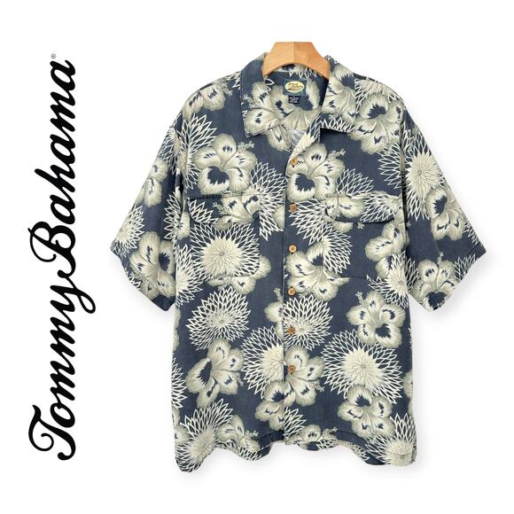 Tommy Bahama | Medium | 100% Rayon Slate Hibiscus Hawaiian Aloha Camp Shirt - Picture 1 of 5